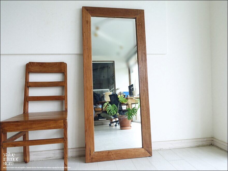オールドチーク総無垢 ミラー140cm L/21 姿見 鏡 全身鏡 古材 全身用 手作り ナチュラル レトロ 世界三大銘木 送料無料 60cm x 140cm