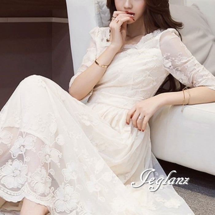 清楚 ワンピース 切替 ドレス レーシー きれいめ シアー感 7分袖(M6391)ζ