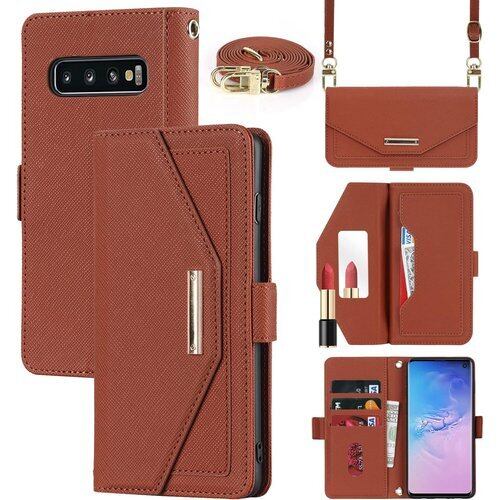 Pelanty for Samsung Galaxy S10 手帳型ケース 縄掛け肩掛けショルダー 合成皮革+TPU 携帯カバー 化粧鏡付き ストラップ付き マグネット SC-03L SCV41 財布型カバー ICカードポケット お札入れ小銭入れ大容量 収納ポケット スタンド機能 サムスン ギャラクシーS10 耐衝撃 肩縄付き-ブラウン 1793