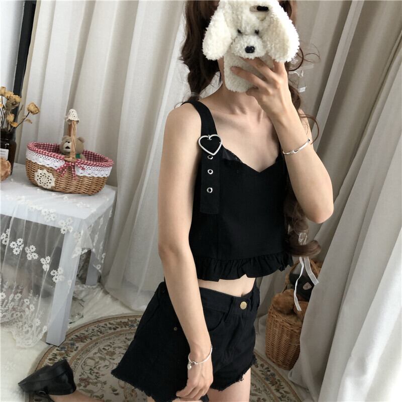 2020年新夏スモールフレッシュピーチハートバックルVネックブラックノースリーブキャミソールレディースアウターボトミングトップトレンド 萌量不足44810893590
