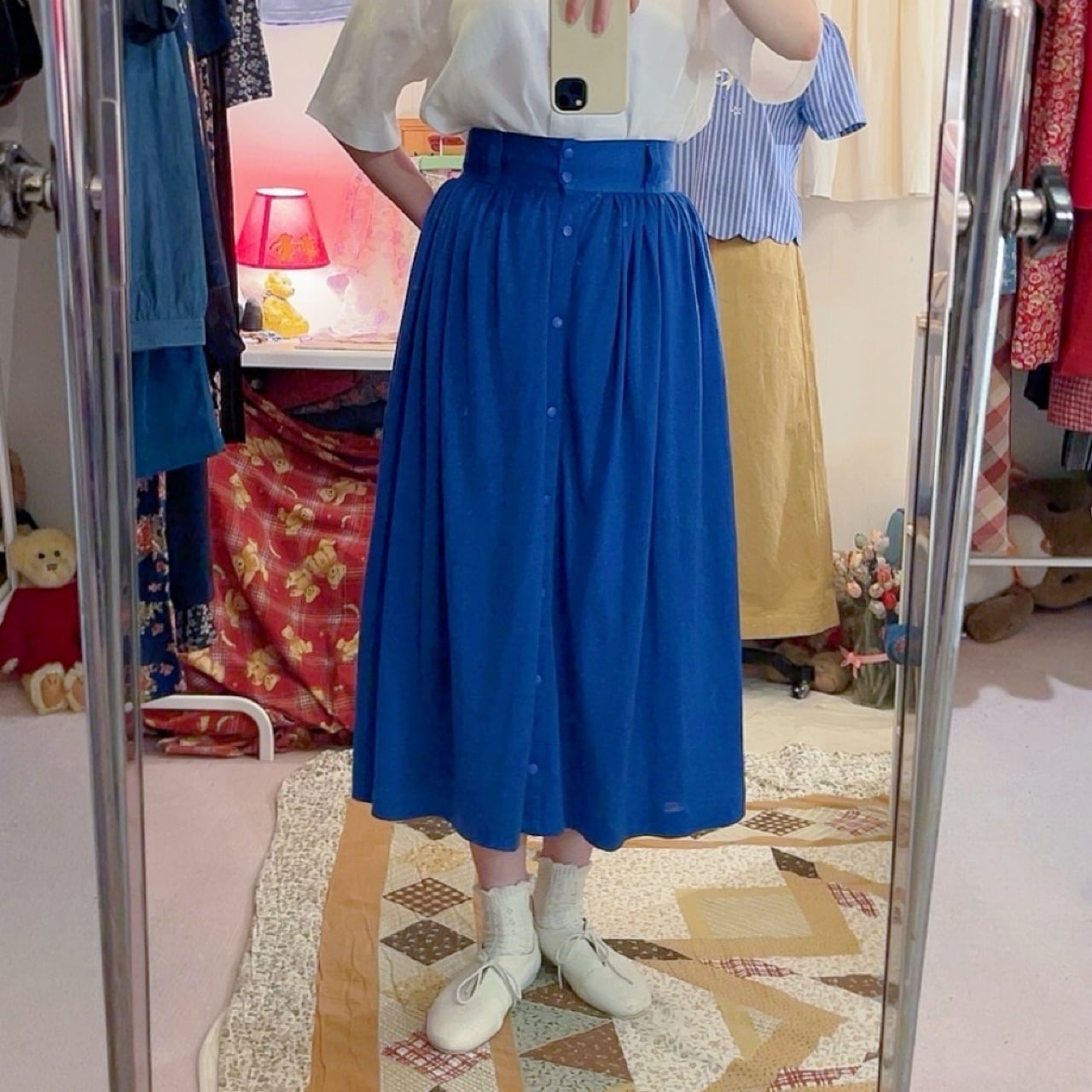 renoma / blue front button gather skirt