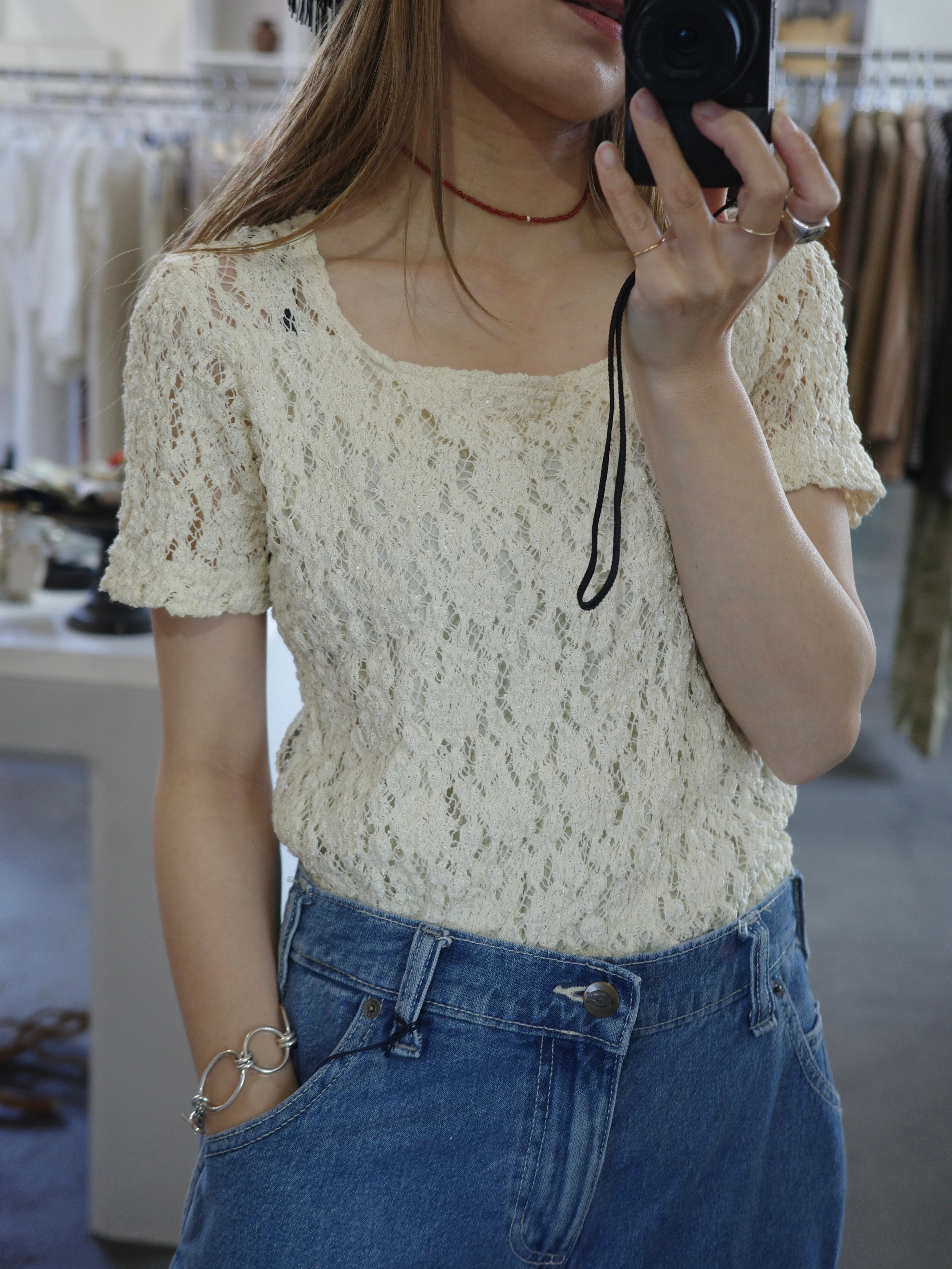 <vintage> square neck lace tops