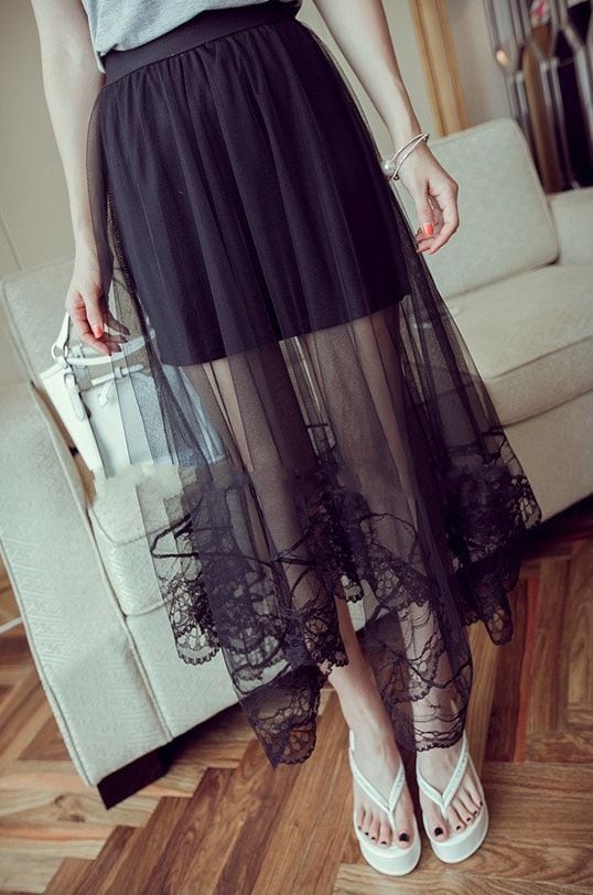 人気 透ける 花柄 レース オーガンジー スカート ロングスカート シースル Chouchou シュシュ