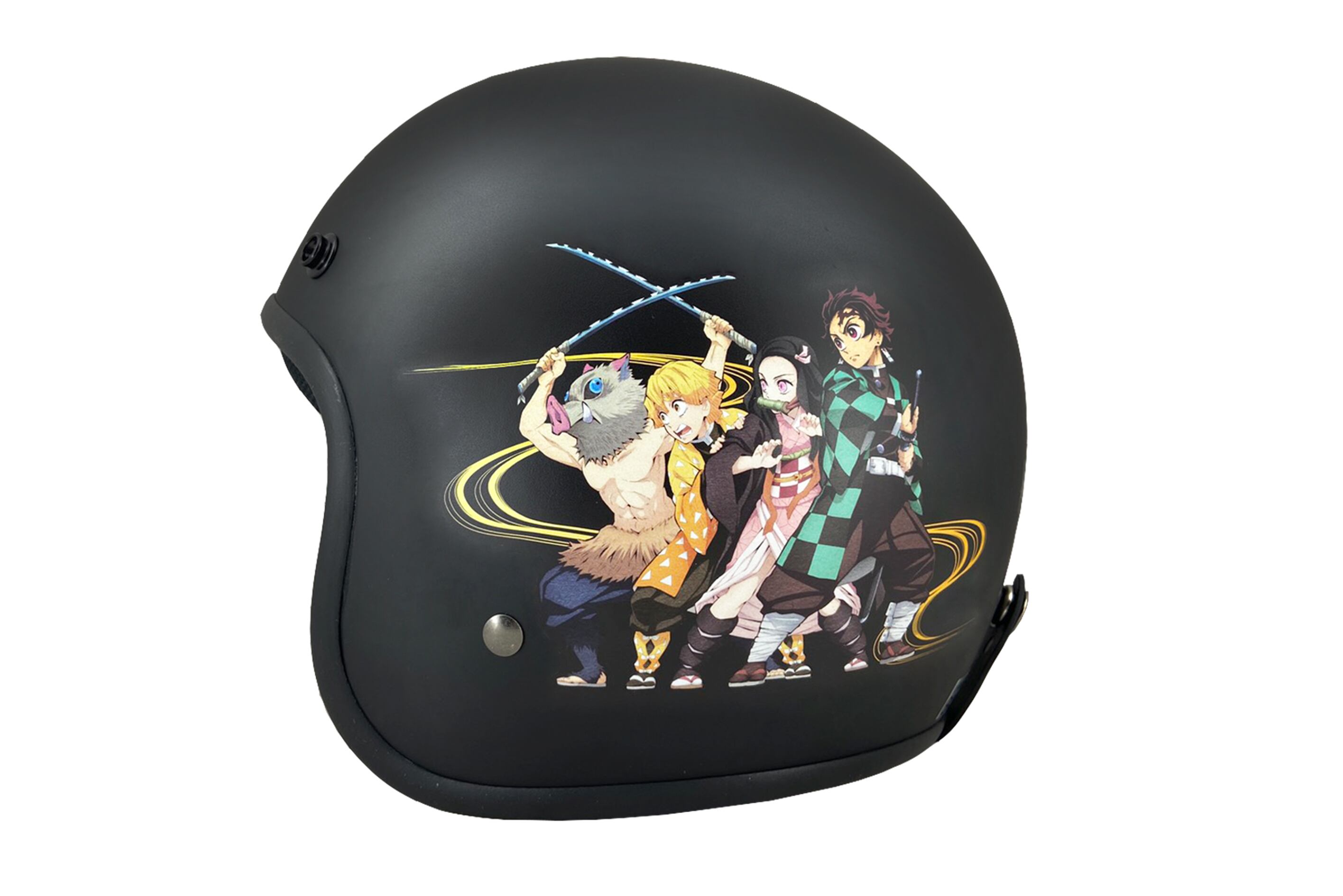 New 新登場 ヘルメット 鬼滅の刃正規ライセンス品 Evo Hlmet 台湾 Ca309 125cc以下 黒 Black 57 60cm 鬼滅の刃 炭治郎 禰豆子 善逸 伊之助 グッズ ハーフヘルメット ステッカー バイク 自転車 子供 キッズ シールド別売り Jwlsports