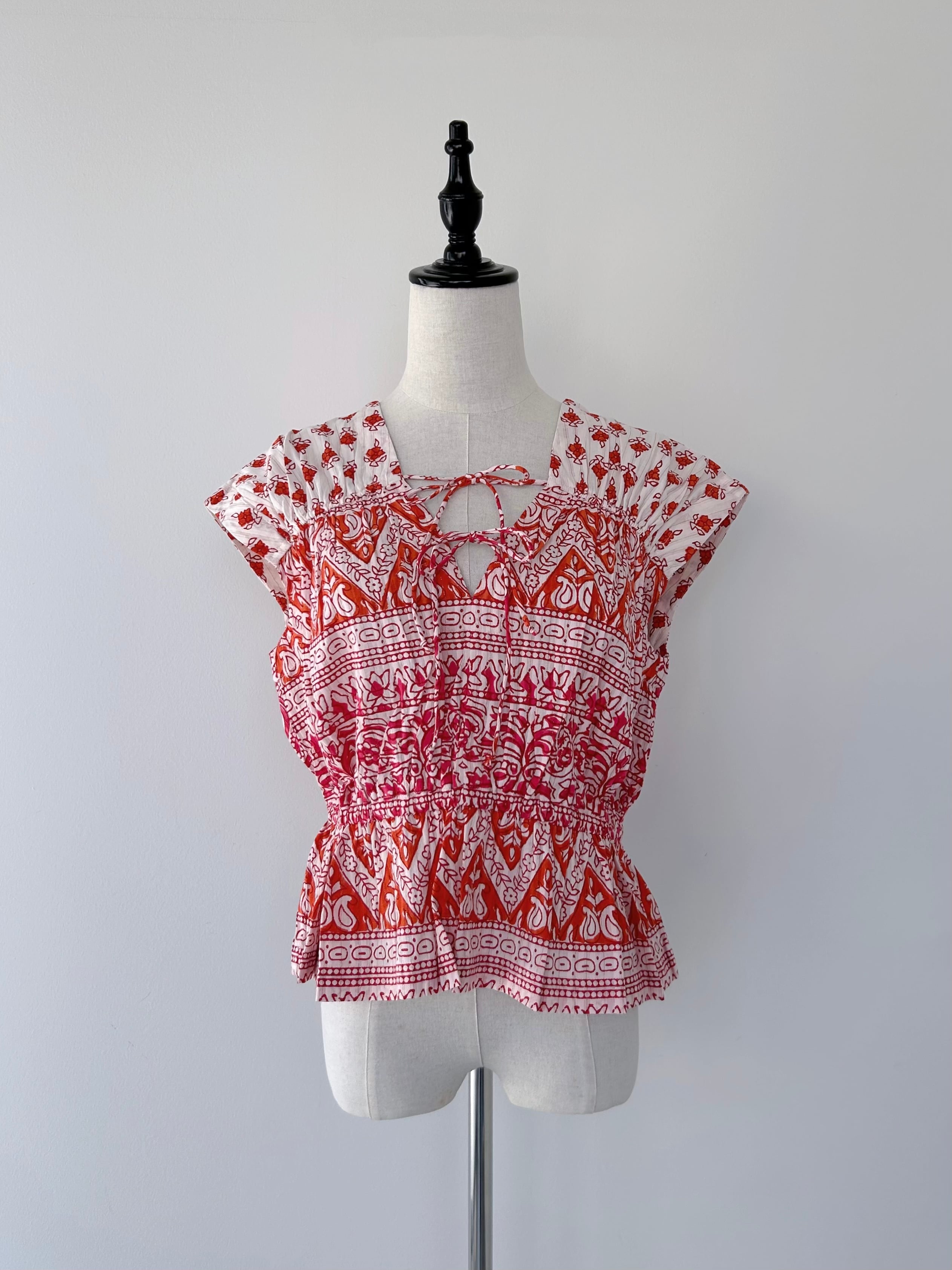 Sara Mallika Cotton Lurex Border Print Top | KOKO
