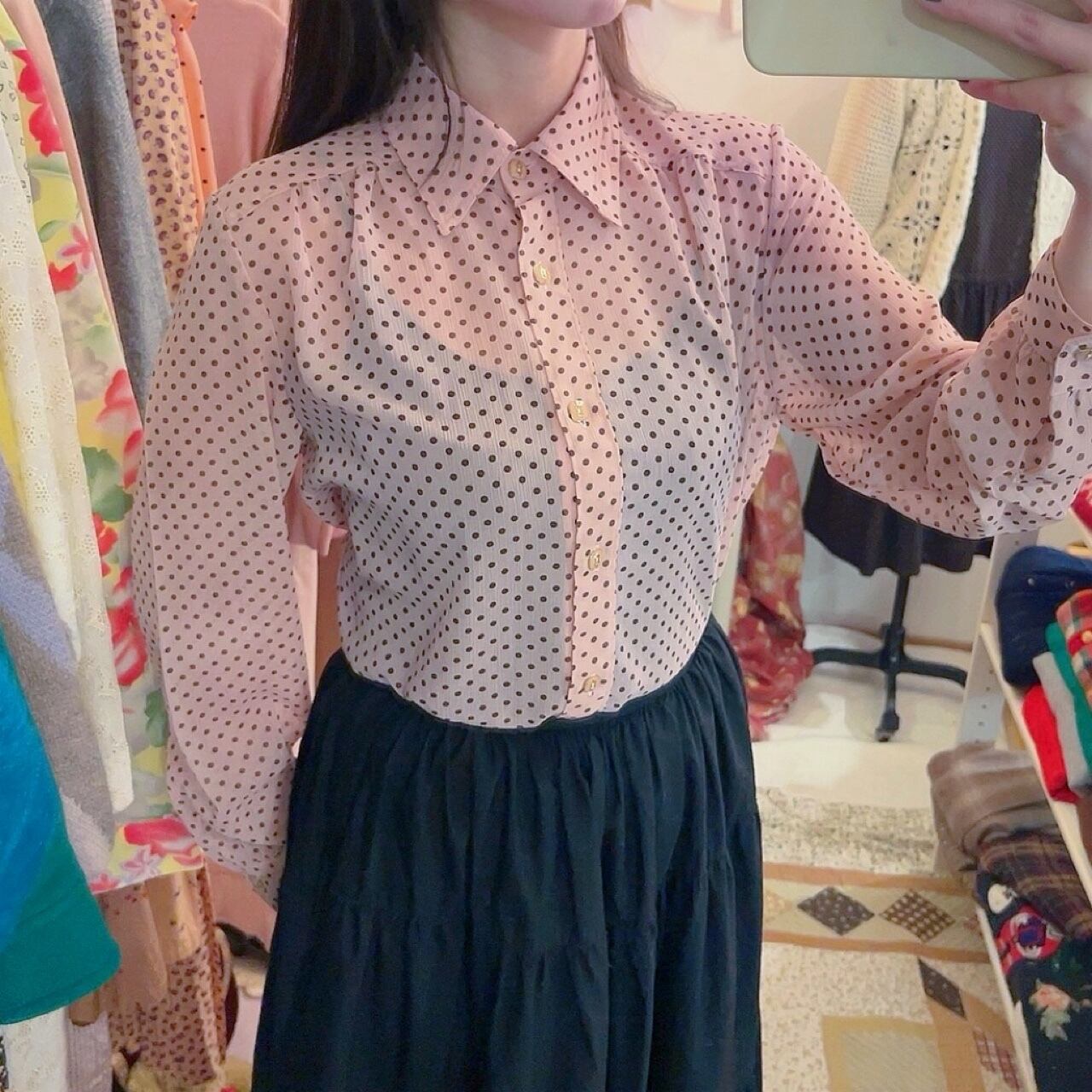 brown dot pink sheer blouse