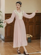 【0044】Retro Floral Collar Pink Long Short Sleeve Dress