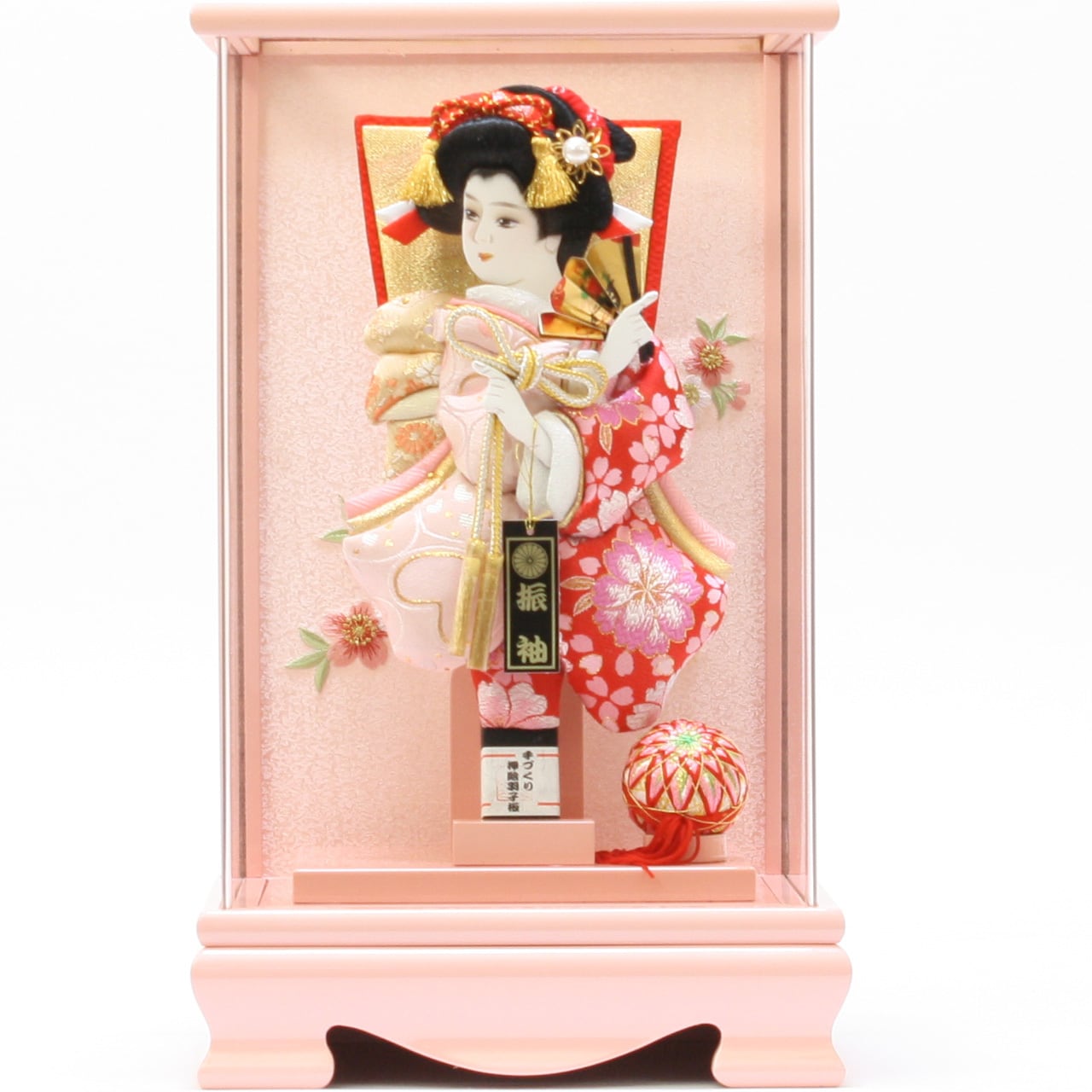 羽子板飾り《商品コード》10308-0163 C 花振袖 10408-0009 621190 羽子板ケース アクリルピンク|初正月|省スペース|おしゃれ|モダン|コンパクト|江戸押絵羽子板|無病息災|邪気払い|無患子