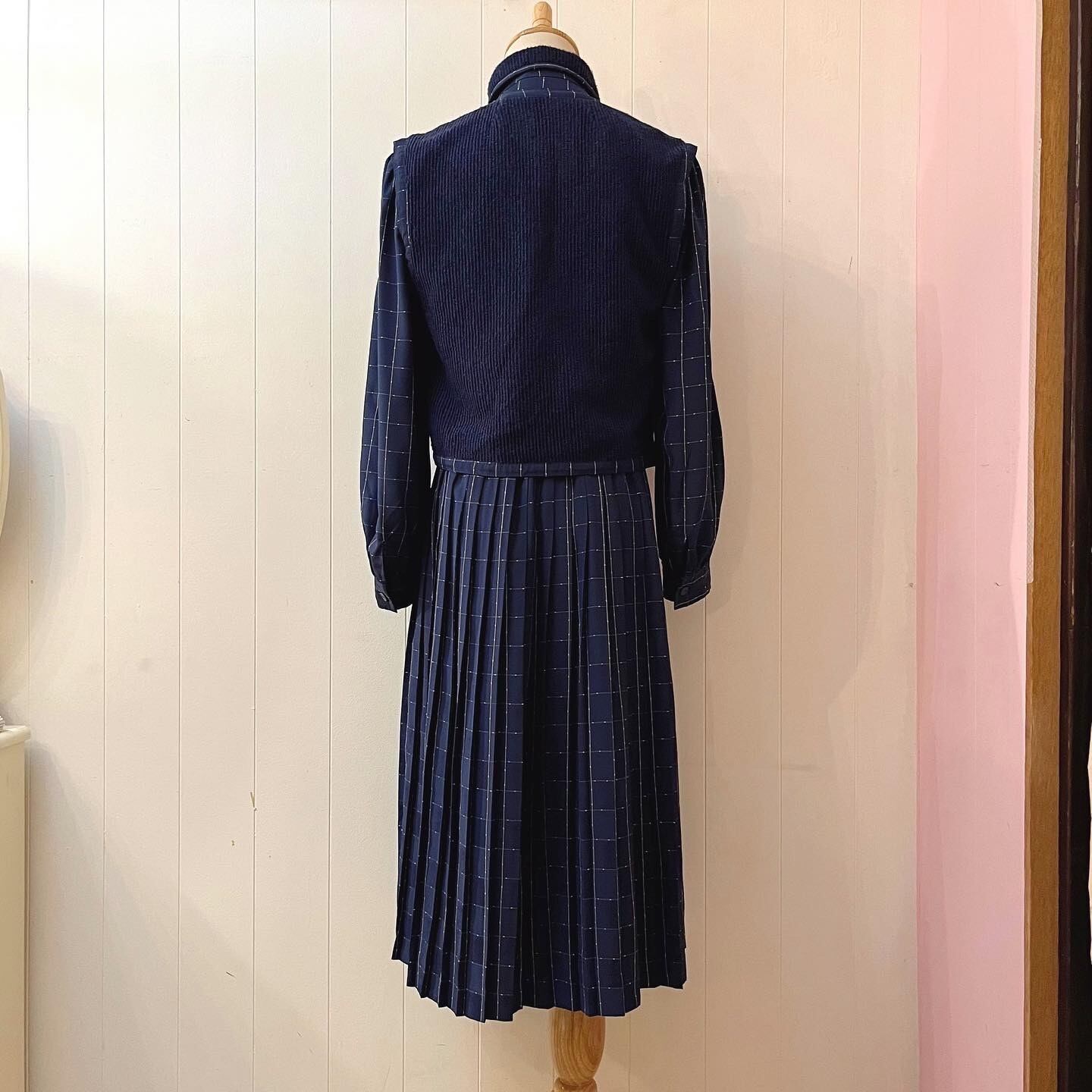 navy white check vest set one-piece