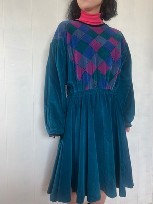 1980's Argyle Design Velvet Dress