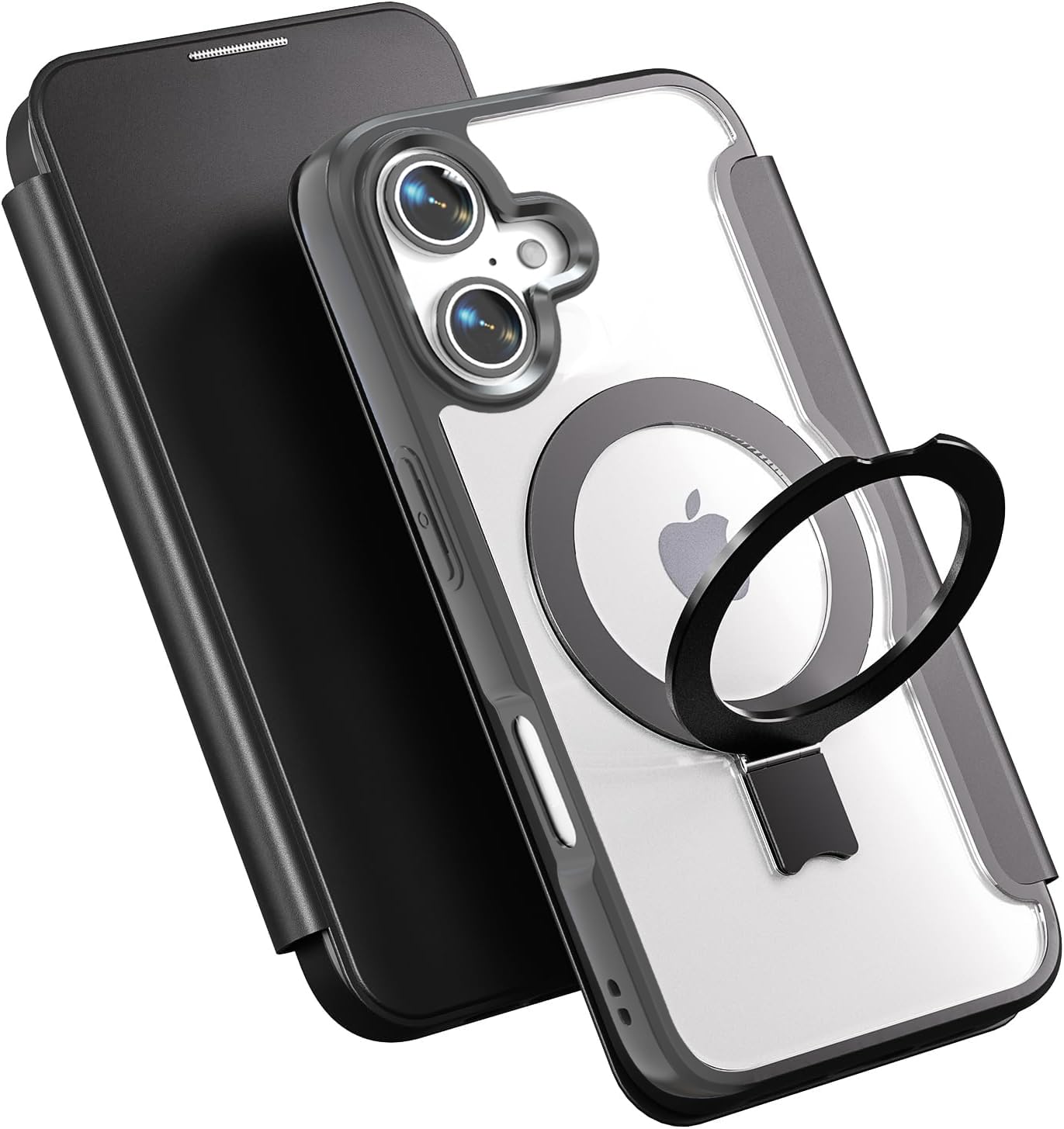 【Magsafe対応 多機能スタンド】smhokesu iPhone 16用 ケース 手帳型 MagSafe対応 いphone16 ケース スタンド リング いphone16 スマホケース リング&スタンド切り替え ワイヤレス充電対応 カード収納2枚 マグネット式 背面クリア カメラ保護カバー レザー 耐衝撃 全面保護 アイホン iPhone 16用 6.1インチ用 ブラック
