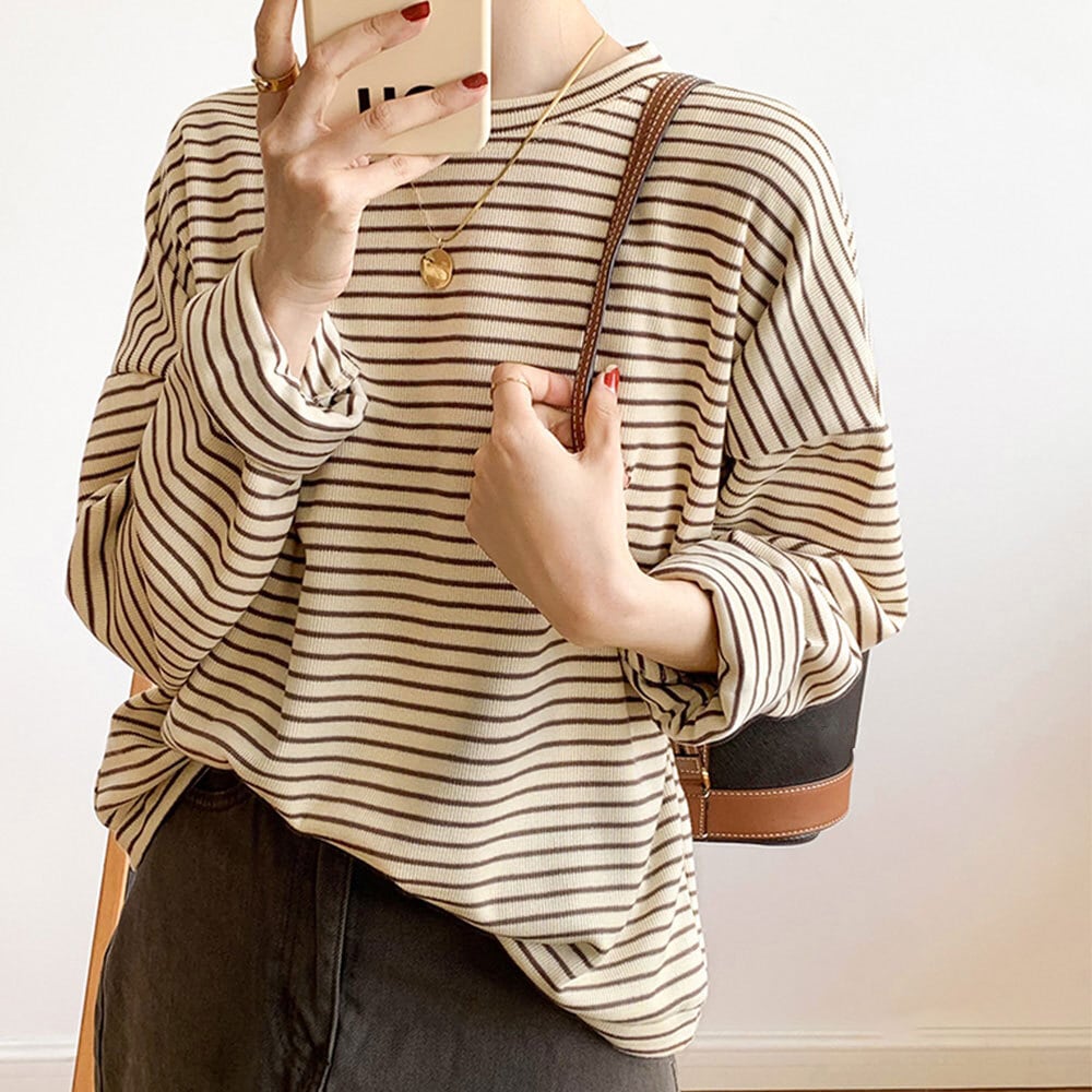 ボーダー Tシャツ 長袖 トップス レディース 春秋 韓国 きれいめ 大人 かわいい ゆったり おしゃれ ラウンドネック 大人可愛い 大人女子