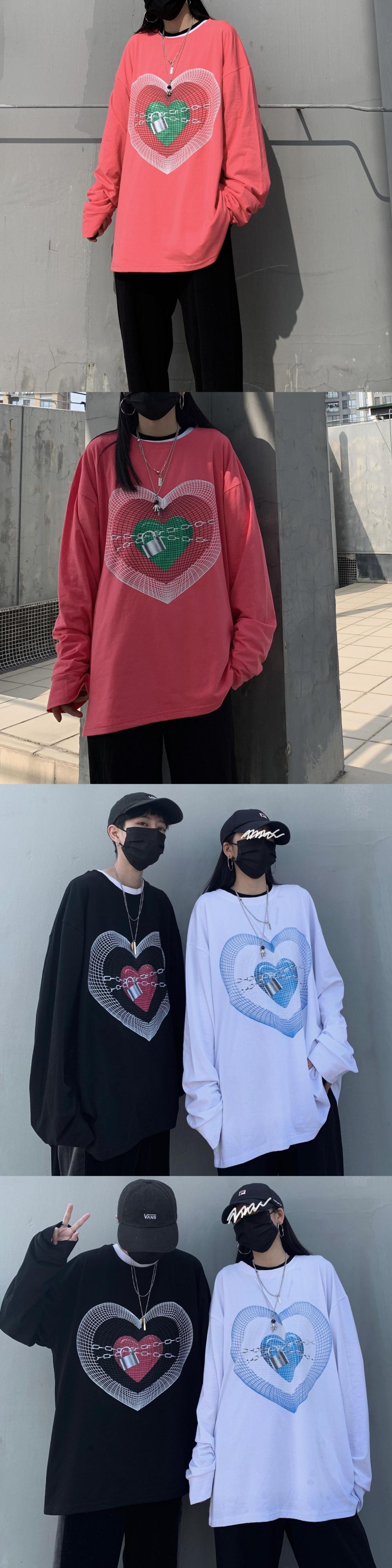 送料無料】KOREA スプリングハート柄プリントルーズTシャツ メンズ
