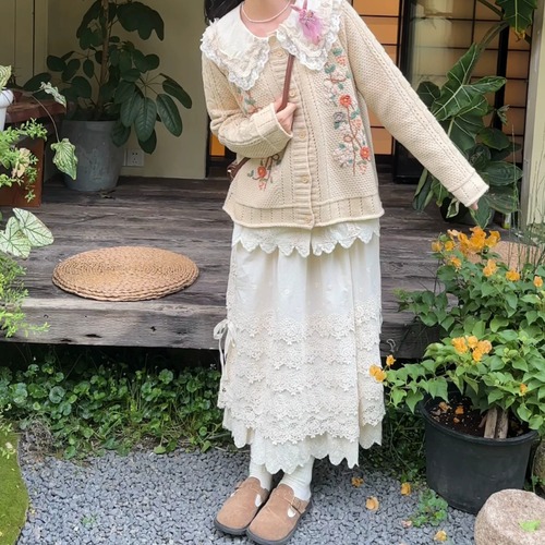 ポケット花刺繍レース切り替えスカート ・12286