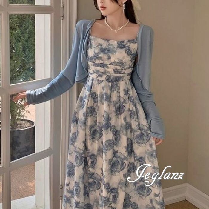 セットアップ 2点 ボレロ バックギャザー 花柄 キャミワンピー 配色(M7406)ι