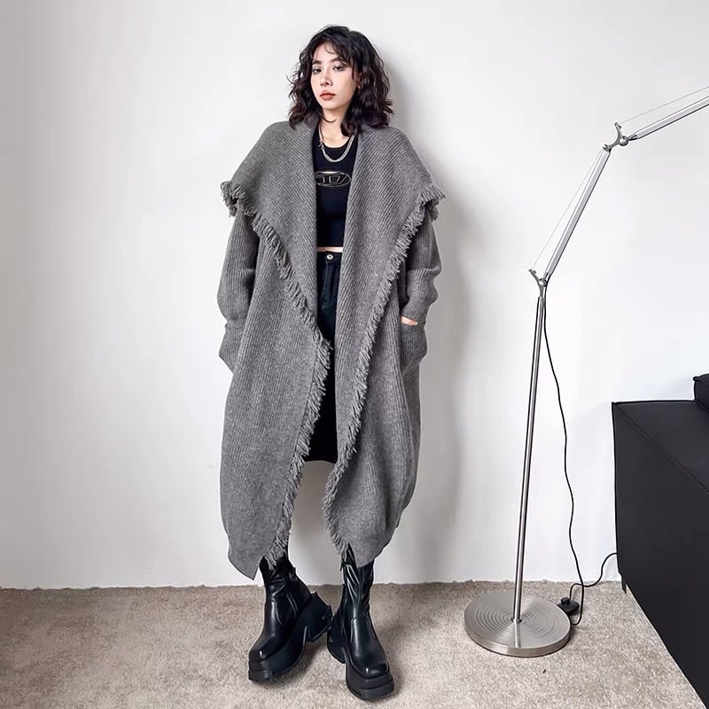 カーディガン グレー 黒 フリンジ カーディガン アウター コー
