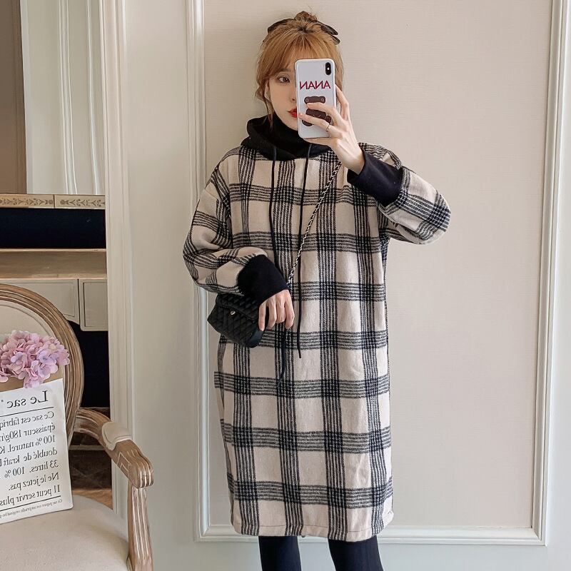 【新作】【送料無料】 マタニティウェア2020秋冬新しいウールチェック柄フード付きドレス小さな新鮮なミドル丈ドレス妊婦-アリババ オータム 秋物 ウィンター 冬物 expec234864517743