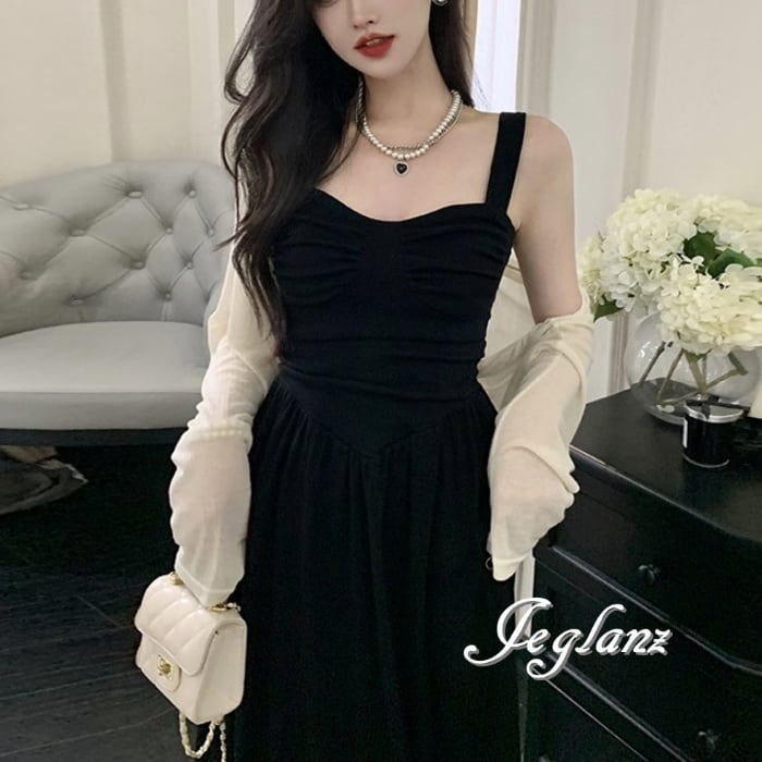 パーティ ブラックドレス ロング キャミワンピース 太ストラップ(M7558)ζ