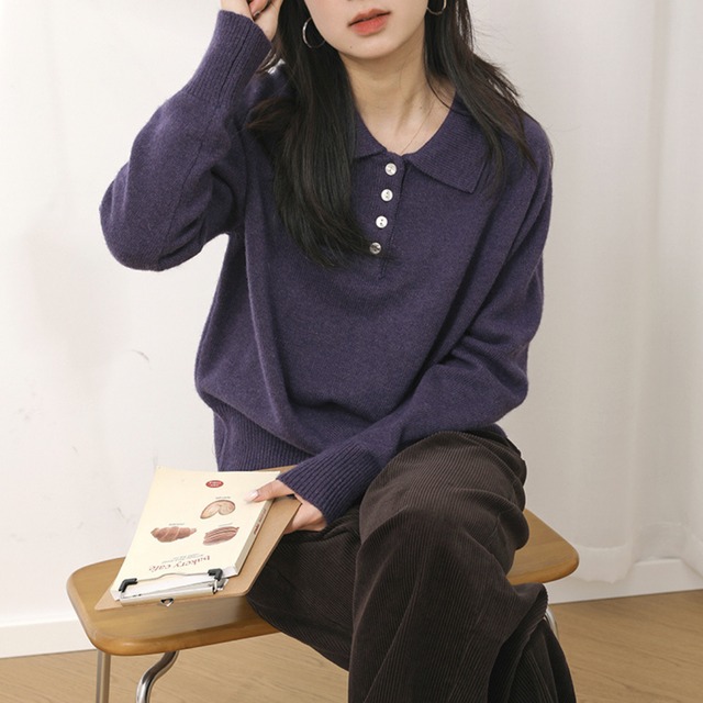 オープンカラー 長袖 ニットポロシャツ 00587