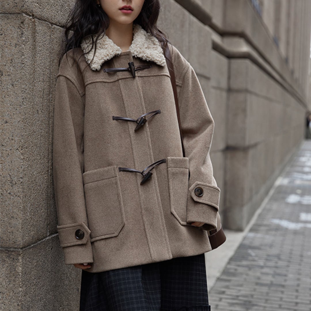 petite short woolen horn button coat