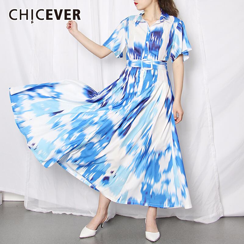 CHICEVERブルードレスレディースラペルパフ半袖ウエストサッシプリントヒットカラーフロア丈ドレス2020服 ショート ハーフスリーブ 6base545757257309