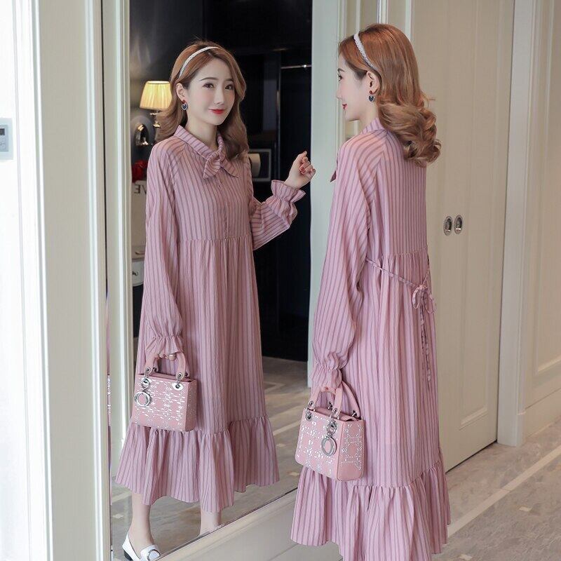 【新作】【送料無料】 738＃マタニティ服春秋綿長袖ストライプ授乳ルーズスタイリッシュドレス妊婦ママドレス ロング コットン スプリング 春物 オータム 秋物 AL expec398547912368