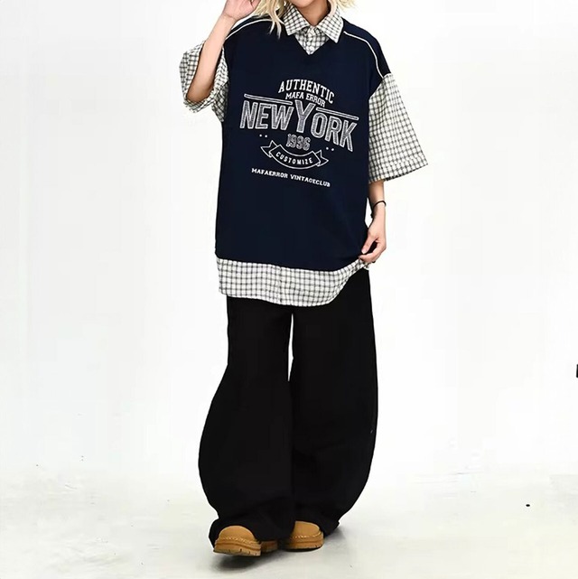 チェックシャツドッキンググラフィックプリントトップス 2col R02136