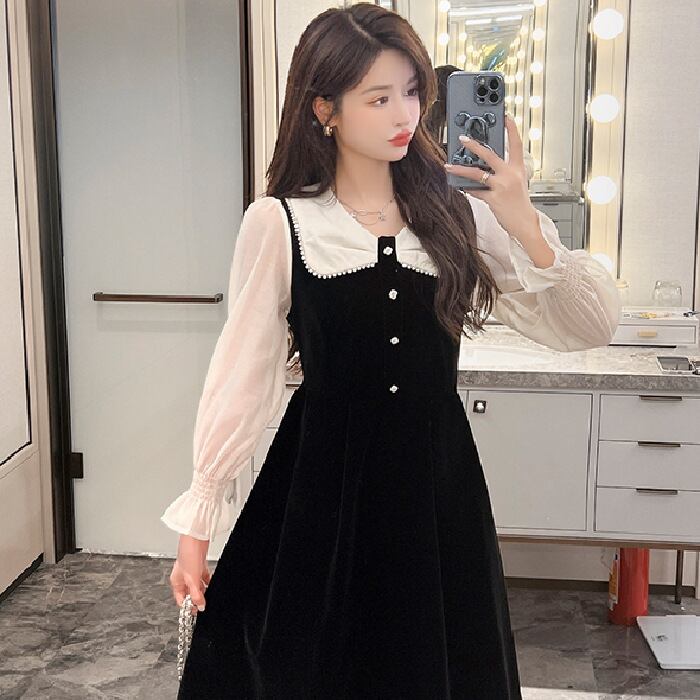 【新作】【送料無料】 女性のためのゴールドベルベットの新しい秋と冬のドレス、ヘップバーンスタイルの高級ファッション気質のスカート、スリムで肉を覆うリトルブラックドレス 0263477538637