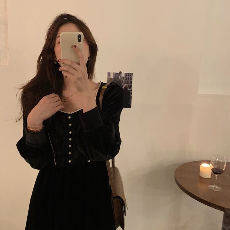 レースカラーボタンベルベットドレス 薄手長袖スリーブ ロング スクウェア ビッグFスモールZ韓国79326552165