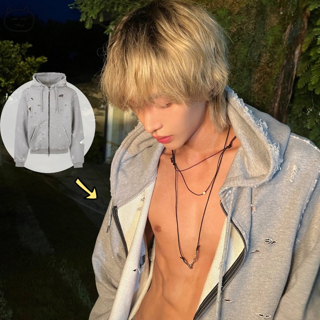 ★RIIZE ウォンビン 着用！【emostanceclub】 Distressed Hoodie ZipUp - Grey