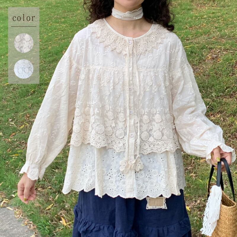フラワーモチーフリボン二重スカラップレース刺繍ブラウスW2032
