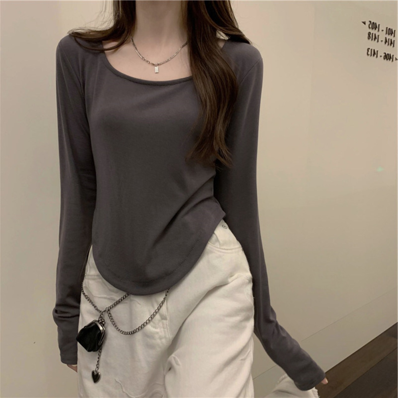 送料無料 秋固体不規則な裾スリム y2k トップス女性服長袖スクエア 