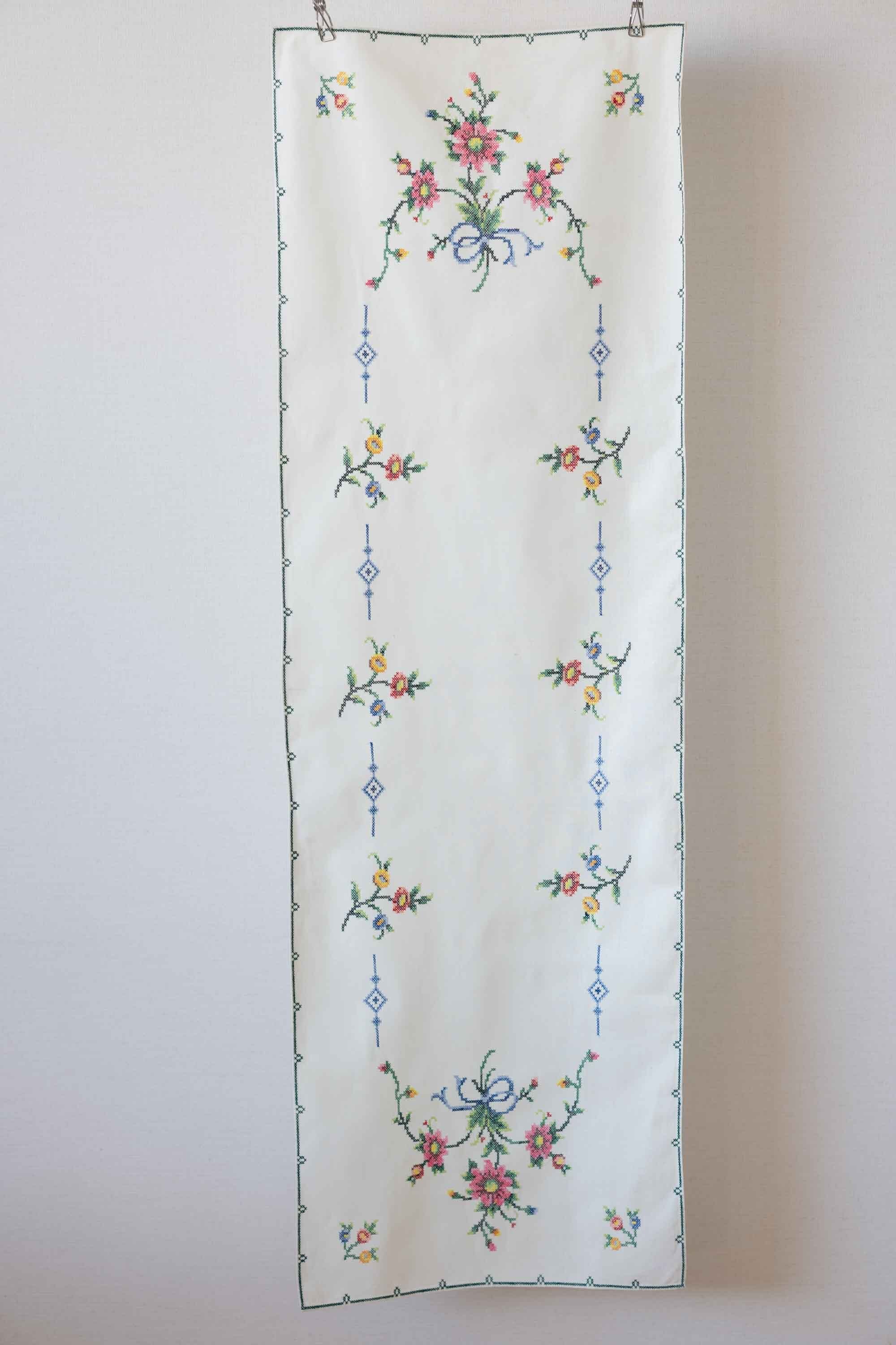 薄手の木綿の生地に、一本どりのクロスステッチでステッチしてあります。周囲のかがりも手仕事です。