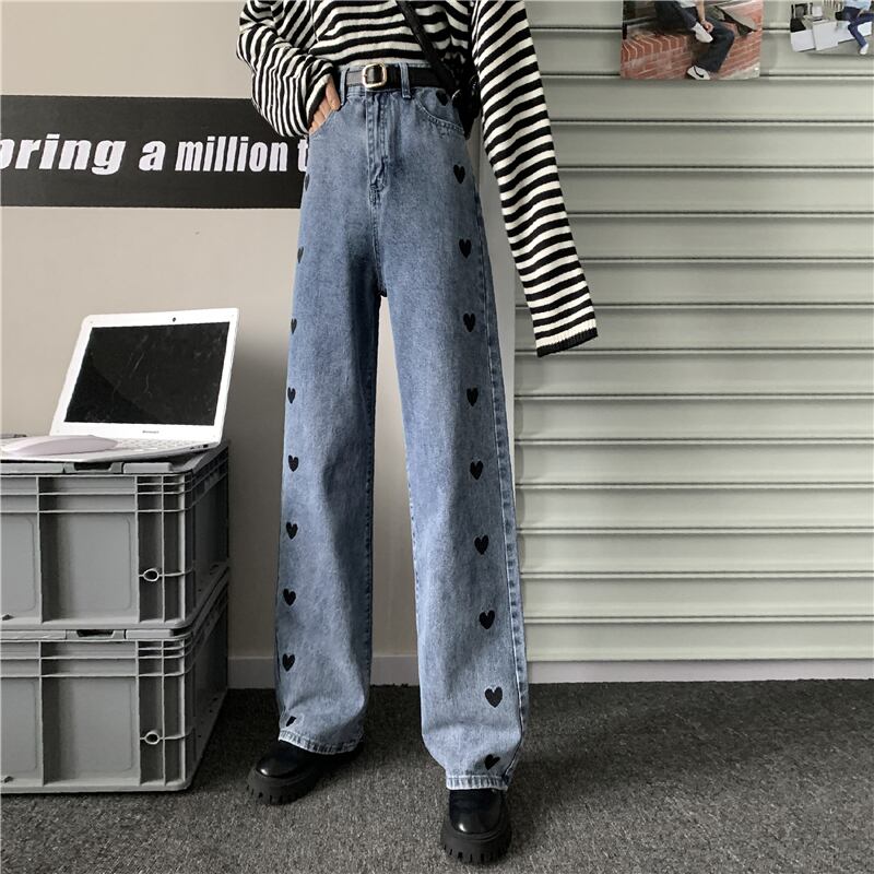 送料無料】 デニム パンツ レディース ワイド ハート かわいい