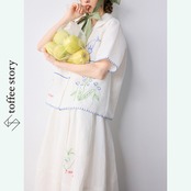 可愛いお花刺繍♡コットンリネンの 半袖ブラウス＆マキシスカートセットアップ《P0193》