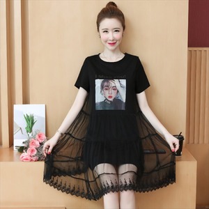 【送料無料】 Tシャツ 半袖 レース カジュアル系 ロング丈 ワンピース スカート カジュアル系 フェミニン ラウンドネック こなれ感 夏 10代 20代 レディースファッション 可愛い お出かけ 女子会 デイリーユース お茶会 お呼ばれ Aライン フレア