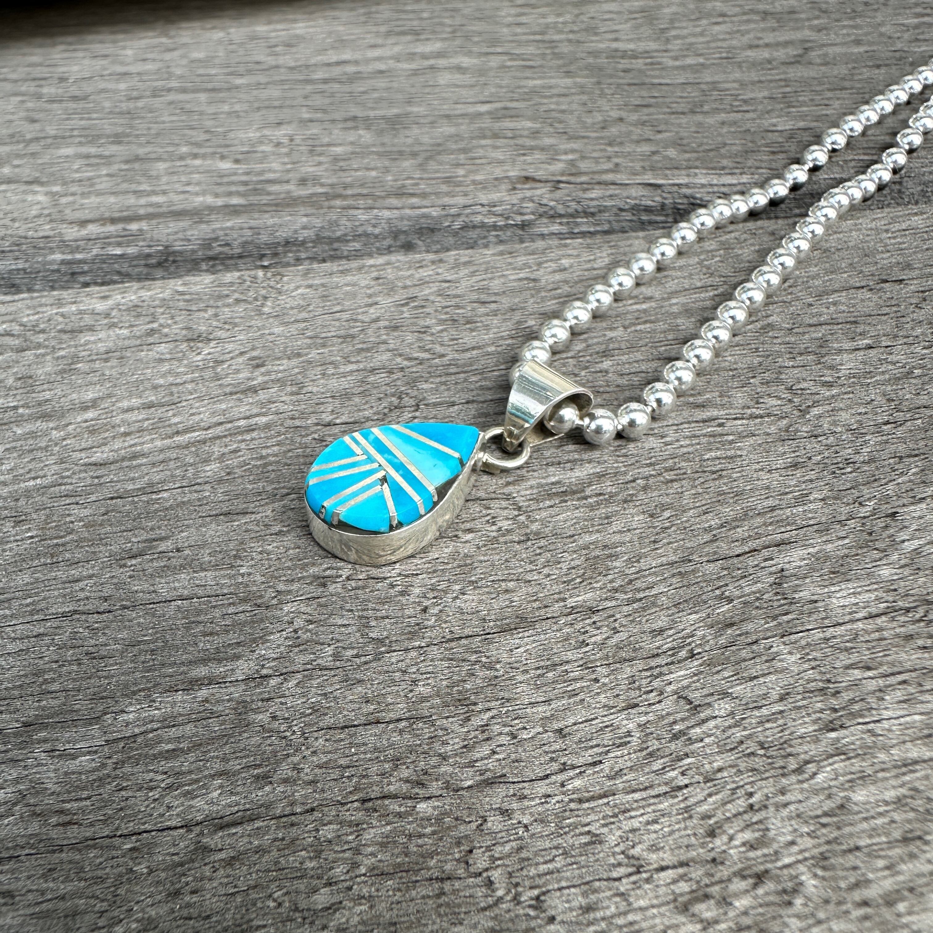 Indian Jewelry 》ターコイズ モザイク ドロップ型 一点物 ペンダント 