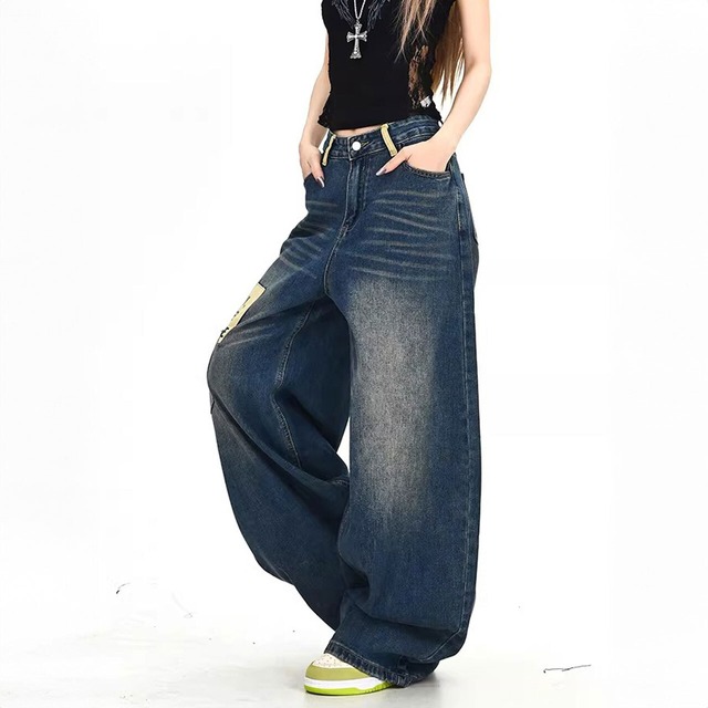 ヴィンテージライクレタリングパッチウォッシュワイドデニムパンツ 1col   R02129