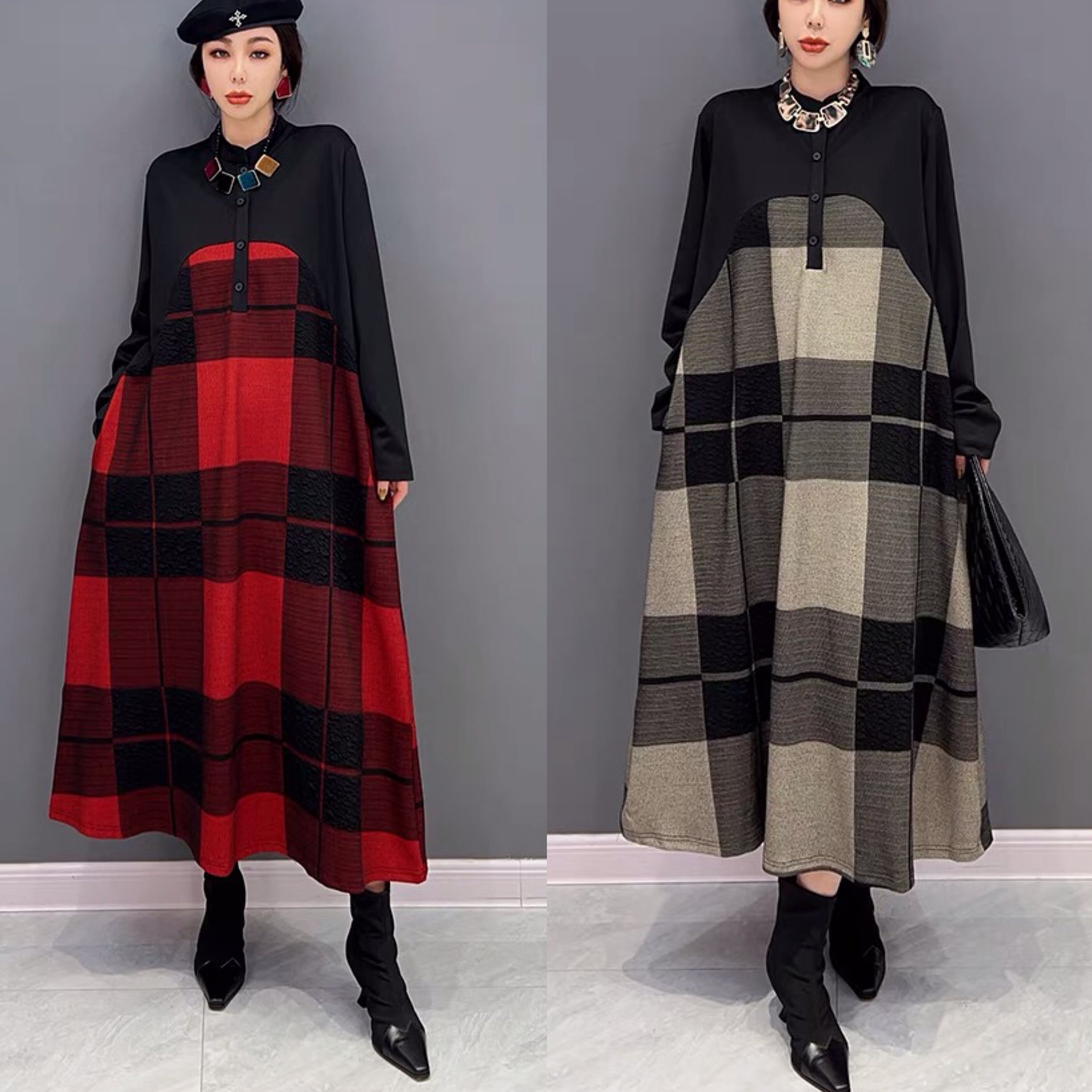 ワンピース 白 赤 チェック カーディガン ゆったり ワンピース マキシ