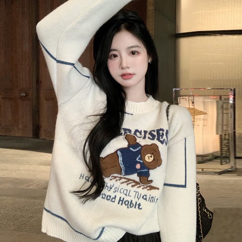 ホワイトラウンドネックセーター オータムウィンタールーズスタンダード レトロ 秋物 冬物 Oネック スーパーモール4419842782