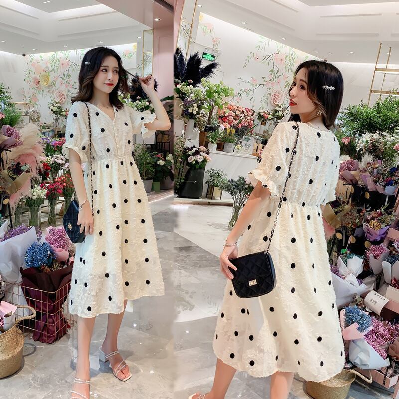 【新作】【送料無料】 マタニティウェア2019夏Vネックシフォンミドル丈マタニティドレスファッション水玉ルーズプラスサイズマタニティドレス-アリババ 大きめサイズ サマー 夏物 expec282600250751