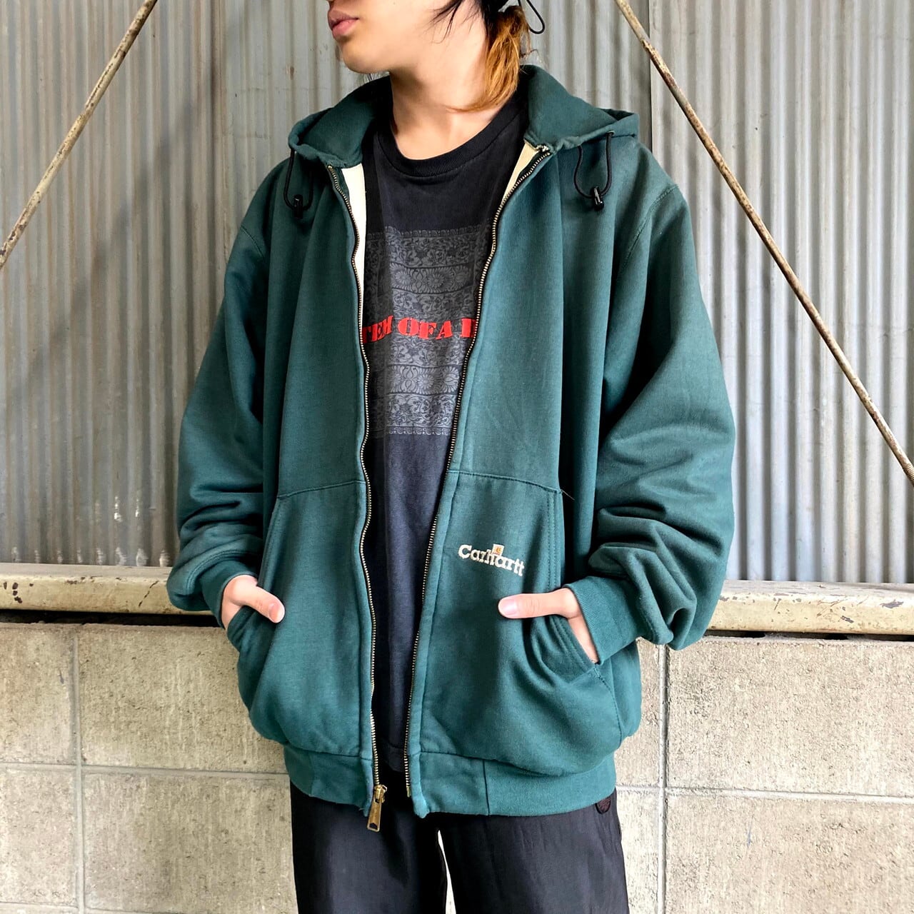 トップス90s USA　Carhartt フルジップパーカー　ワンポイントロゴ