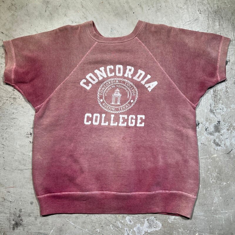 50's 60's Unknown カレッジラグランスウェットシャツ 半袖 コットン COCORDIA COLLEGE サンフェード エンジ S相当  希少 ヴィンテージ BA-2294 RM2713H | agito vintage powered by BASE