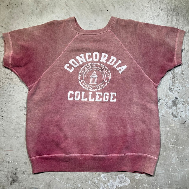 50's 60's Unknown カレッジラグランスウェットシャツ 半袖 コットン COCORDIA COLLEGE サンフェード エンジ S相当  希少 ヴィンテージ BA-2294 RM2713H