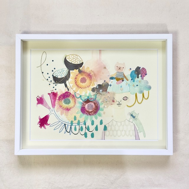 原画 刺繍入り水彩画 / 誕生花シリーズ-7月-ひまわり「ほんとうにすきなもの。」（額入り）