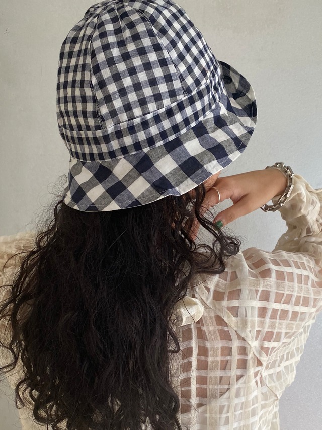 Reversible buket hat "navy gingham check" Khadi cotton