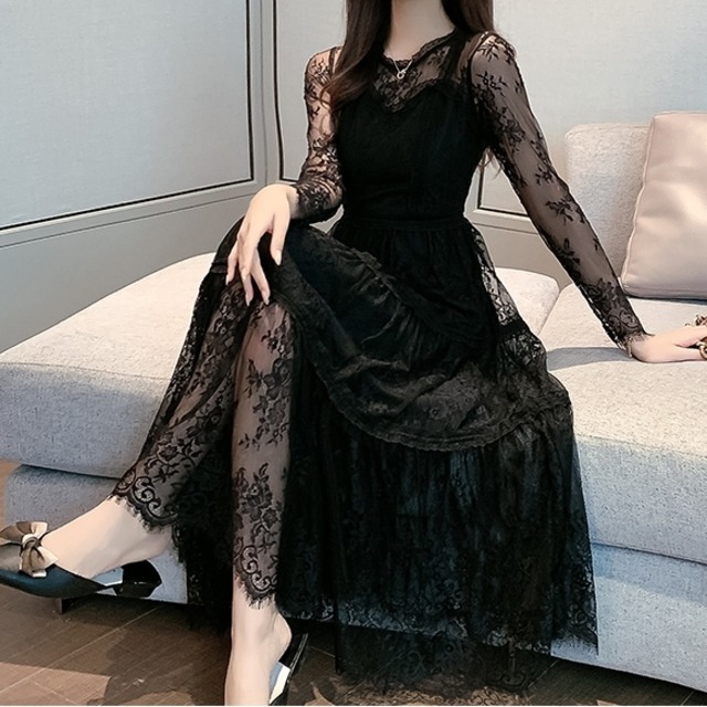 ワンピース レディース 春夏 秋冬 春 夏 秋 冬 黒 ロングワンピース ドレス 長袖 ロング ドレスワンピース ミディアムドレス 花柄 レースワンピース ティアード フリル ミモレドレス ひざ下ワンピース ミモレワンピ シースルー キャバドレス キャバ嬢 ナイトドレス きれい