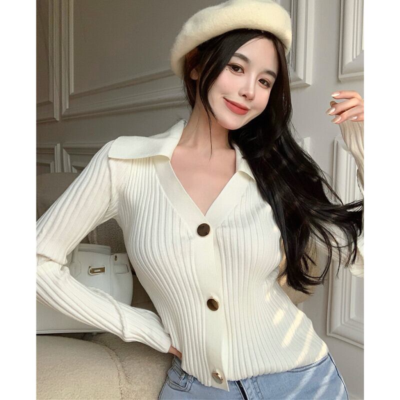 スタンダードホワイトセーター オータムスリムトップス ロング レトロ 秋物 ガールズファッション78588471467