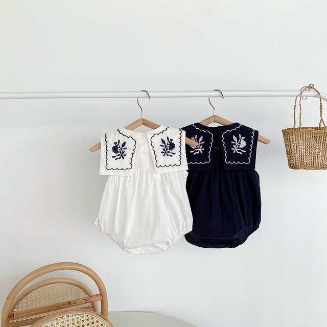 【BABY】フラワー刺繍セーラーカラーノースリーブロンパース - 9