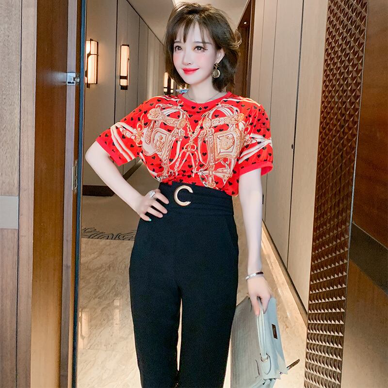 スタンダードプリント柄薄手半袖スリーブTシャツ レディースサマー ショート レトロ ハーフスリーブ 夏物 MIUCO31592271080